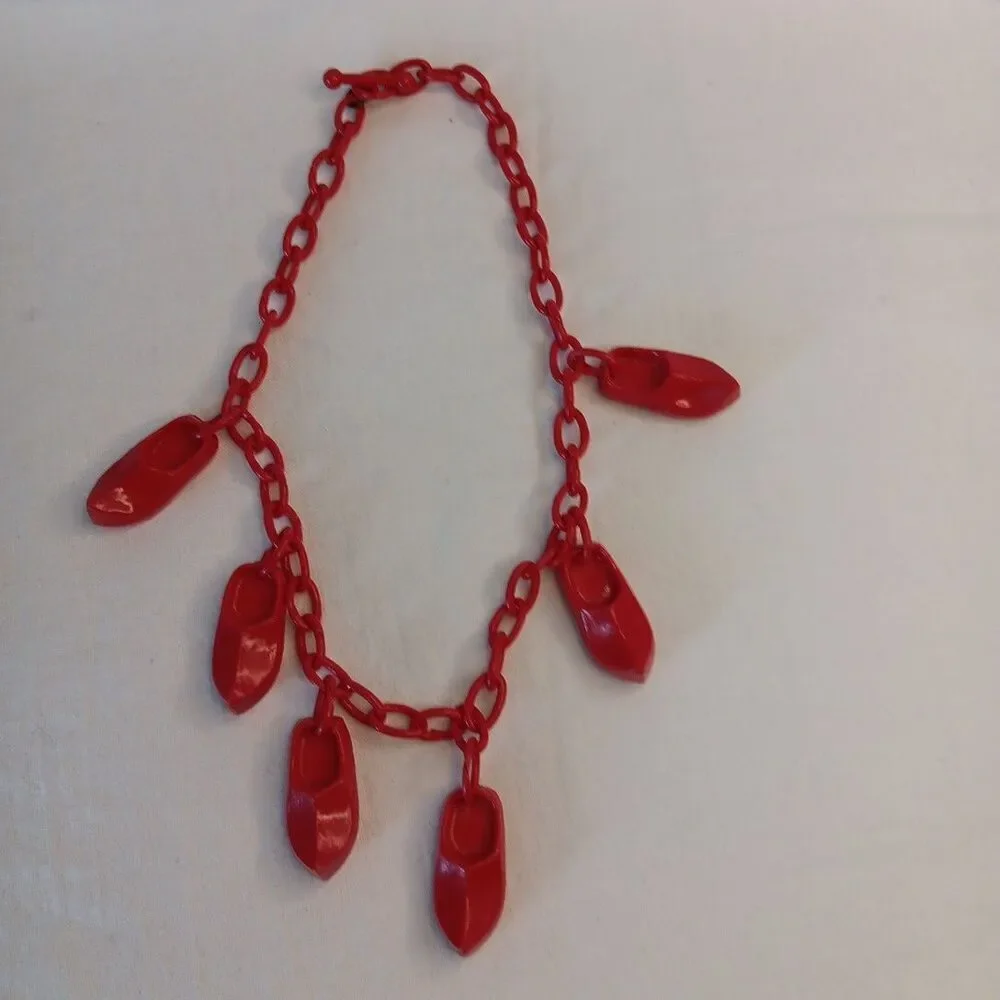 1930s-1940s Red Celluloid Clog Necklace Choker Plastic Whimsical 15in Red Shoes